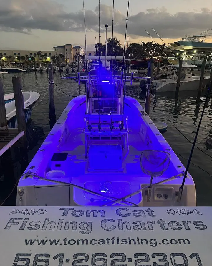 Tom Cat center console tied up at the dock in Jupiter, Florida