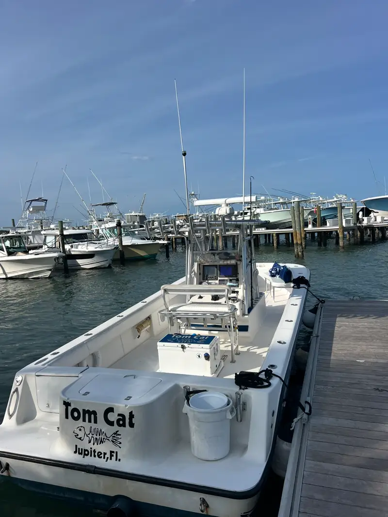 Stern of the Tom Cat, lettered &ldquo;Tom Cat &middot; Jupiter, FL,&rdquo; tied up at the dock in Jupiter