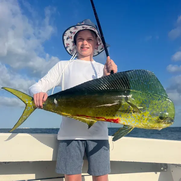 Young angler holding a big mahi-mahi aboard Tom Cat