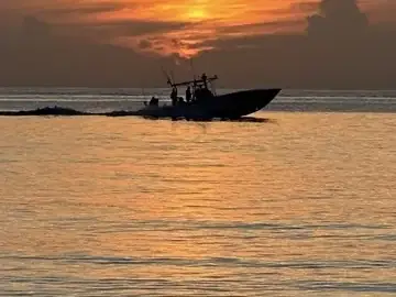 Tom Cat cruising across calm water at sunset